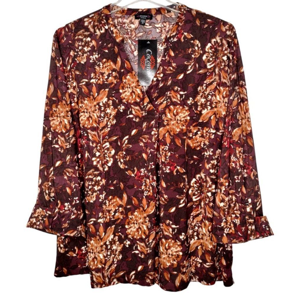 NWT Cocomo Plus Size 1X Maroon Multi Color Floral Print Pintuck 3/4 Sleeve Top